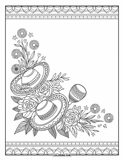 Desen de colorat cu fiesta pentru adulți: Colț floral cu trandafiri, margarete, pălării de fiesta, maracas și modele ornamentale în formă de inimioare