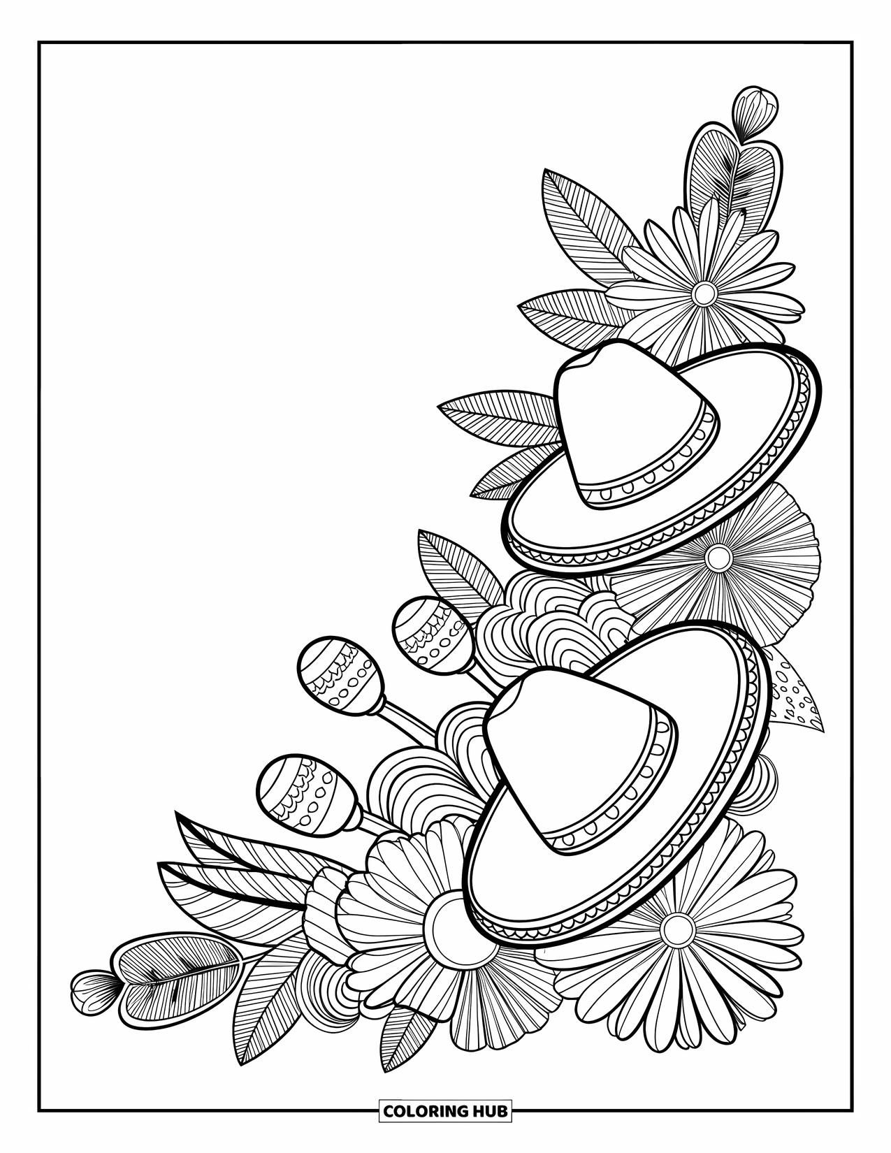 Fiesta Coloring Page for Adults: Flowers, fiesta hats, maracas, and layered shapes arranged in a festive corner design