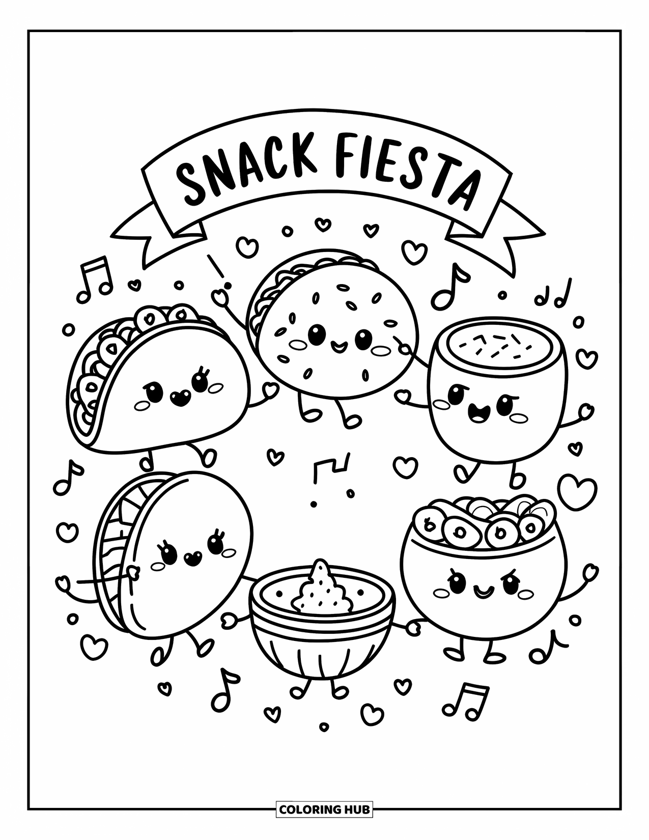 Fiesta Coloring Page for Adults: Kawaii taco, burrito, and friends dance in a circle with hearts and music notes