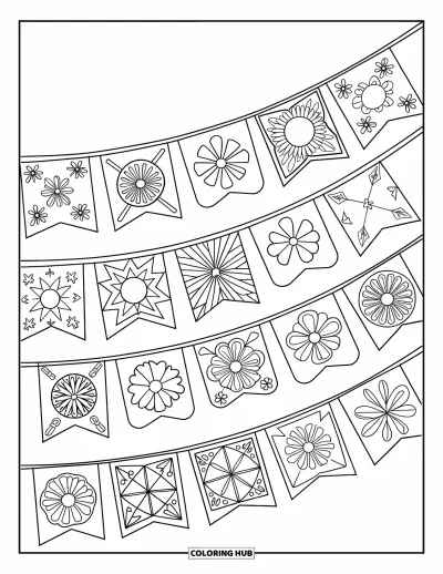 Desen de colorat cu fiesta pentru adulți: Steaguri de fiesta stratificate cu modele florale și geometrice aranjate în spirală