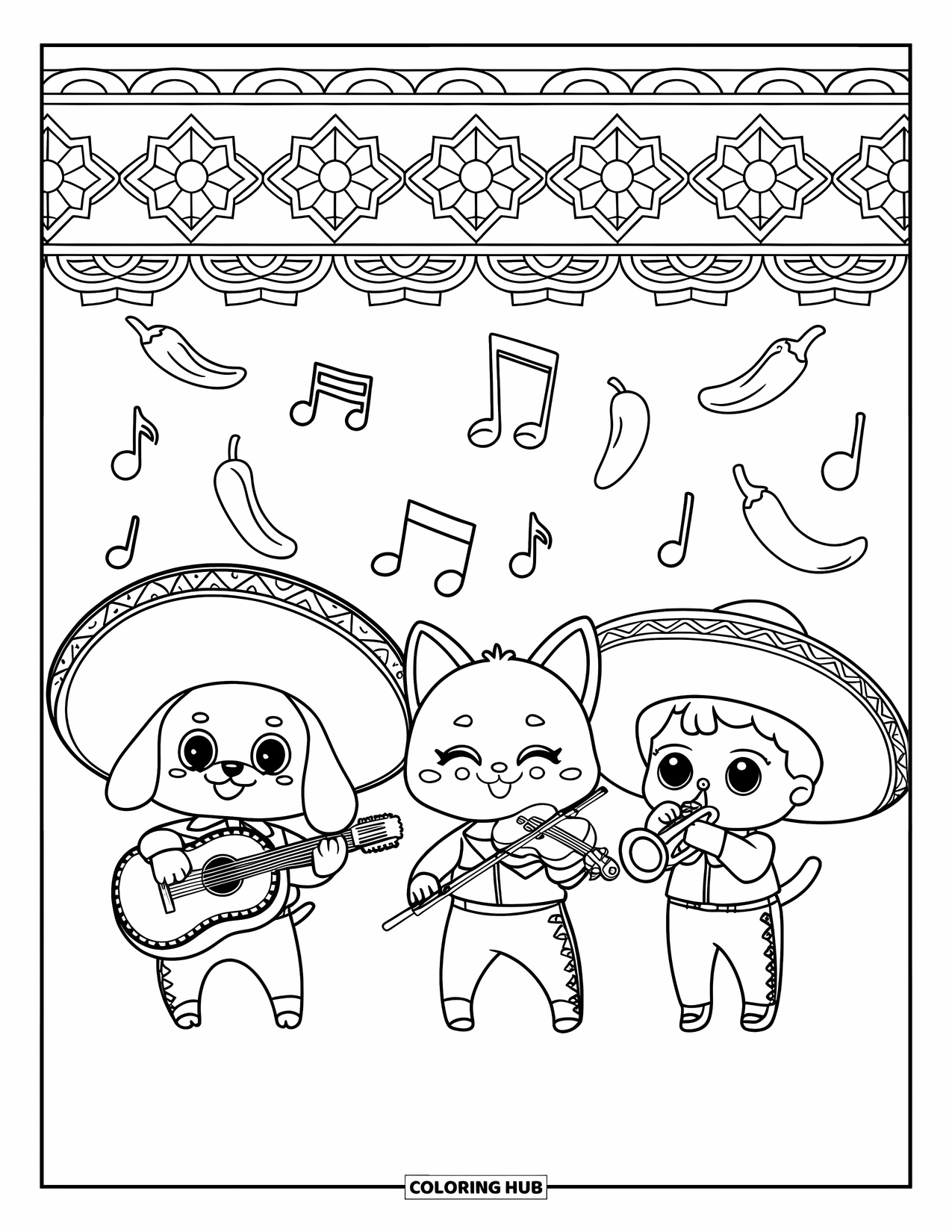 Fiesta Coloring Page for Adults: Mariachi trio of dog, cat, and child play music under festive papel picado and chilis