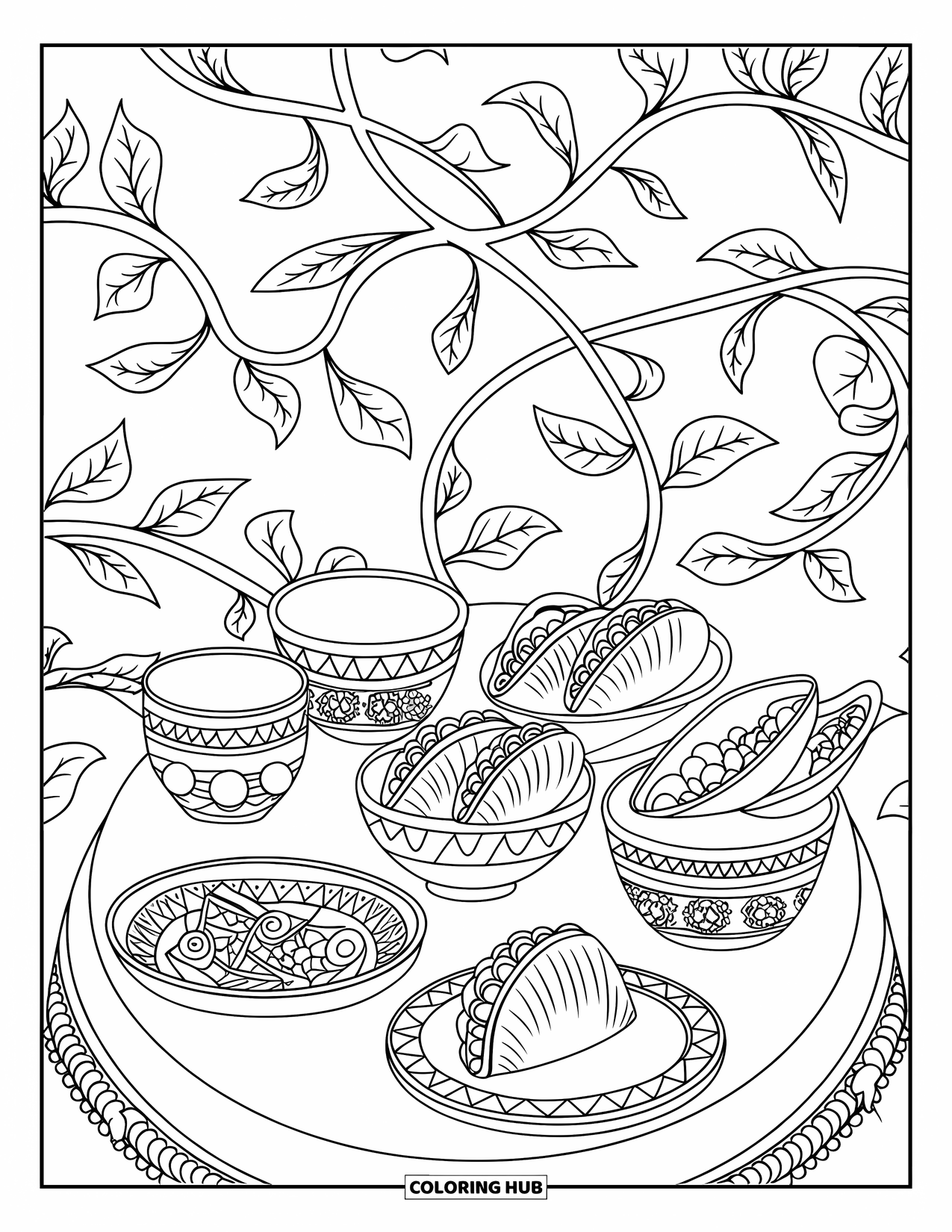 Fiesta Coloring Page for Adults: Ornate table with festive dishes surrounded by spirals and leafy vine background