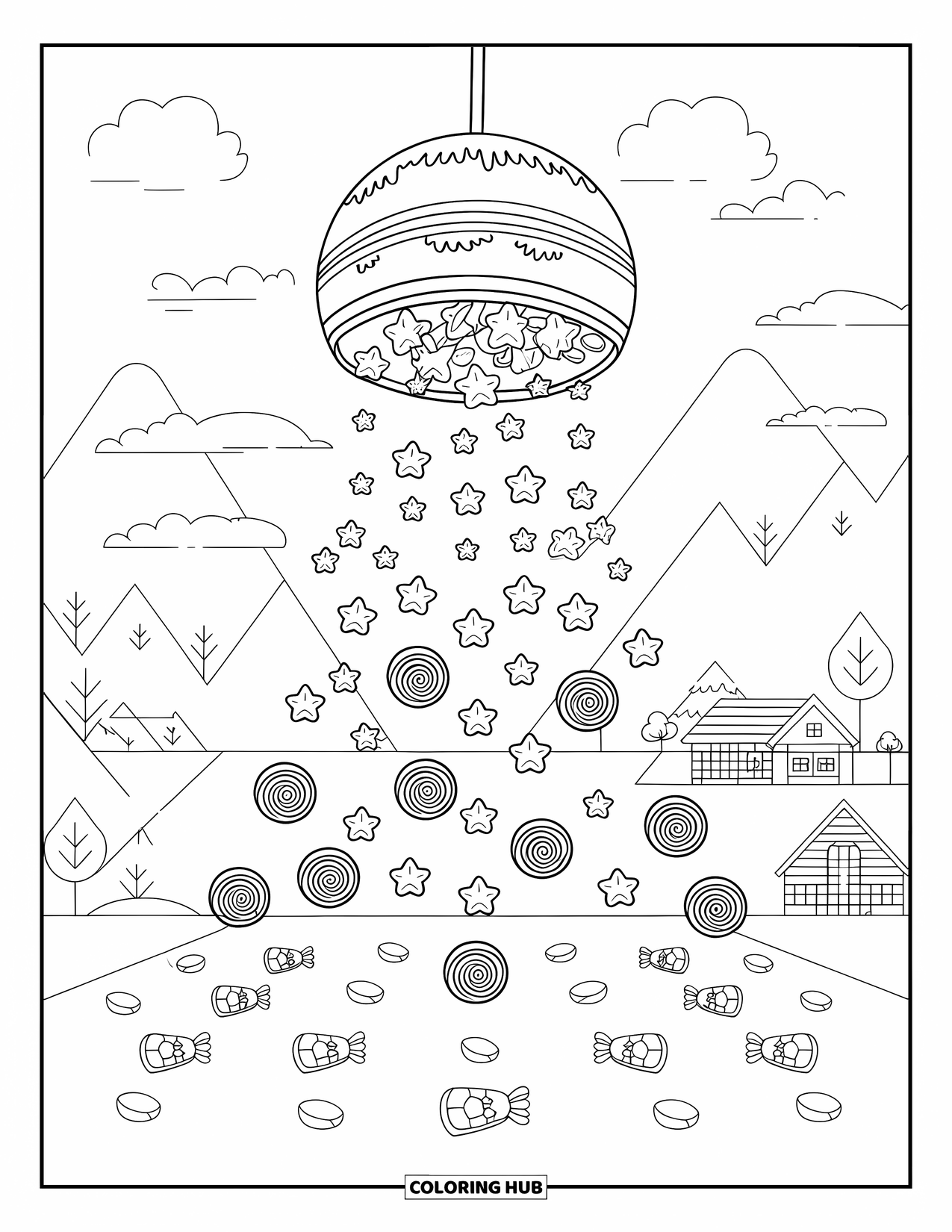 Fiesta Coloring Page for Adults: Piñata bursts mid-air, raining candy over a quiet landscape with mountains and trees
