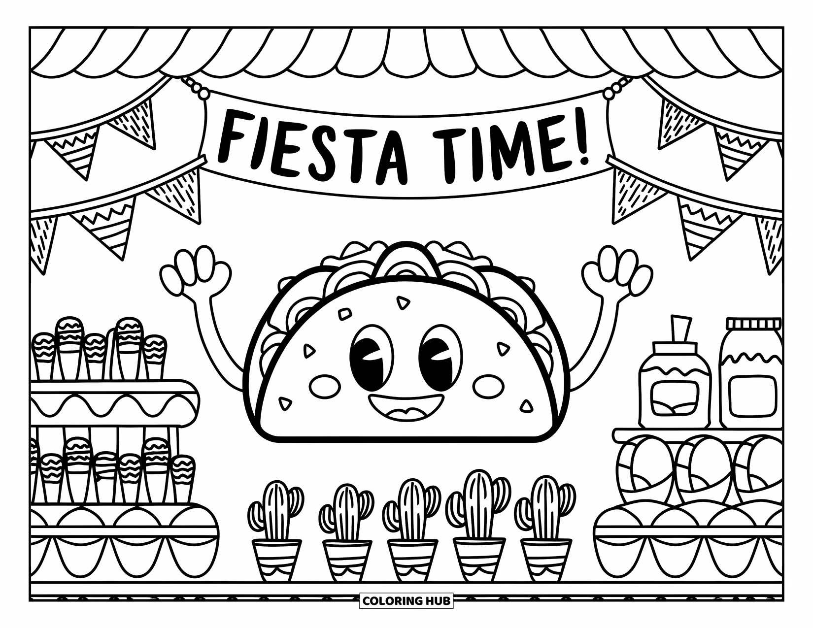 Fiesta Coloring Page for Adults: Smiling taco greets visitors at a festive stall with churros, salsa, and decorations