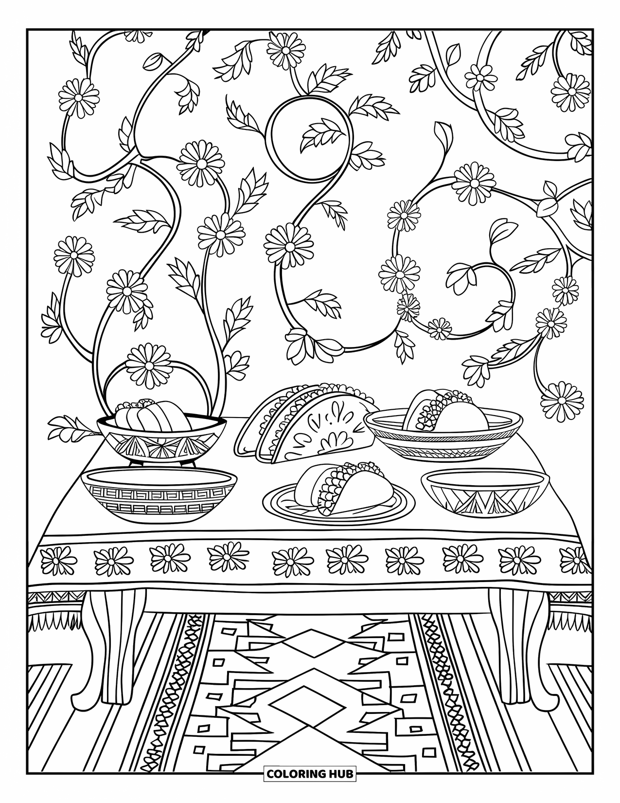 Fiesta Coloring Page for Adults: Table with tacos, tamales, and bowls on a patterned rug with floral spirals nearby