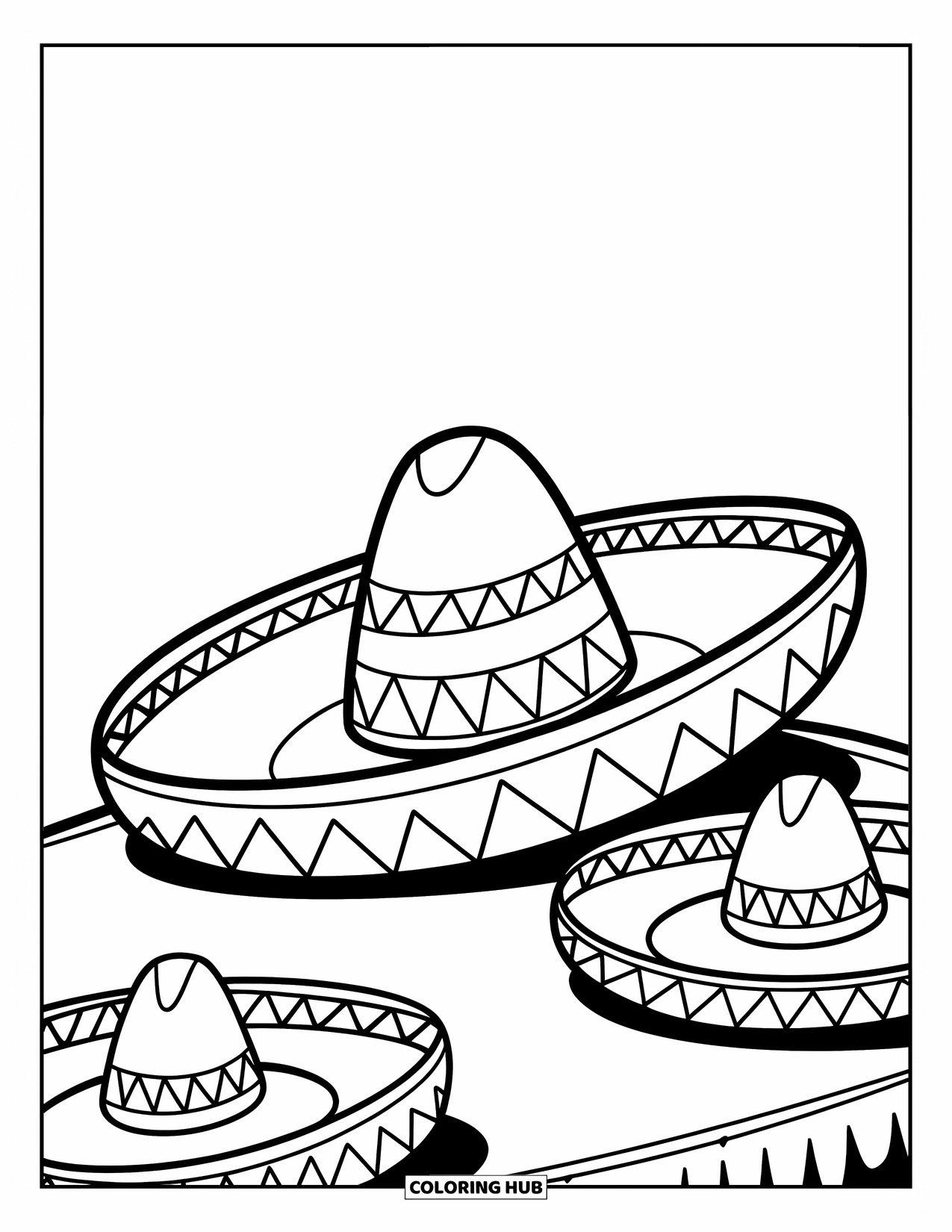 Fiesta Coloring Page for Kids: Big friendly sombrero with zigzag patterns sits on a table beside smaller hats