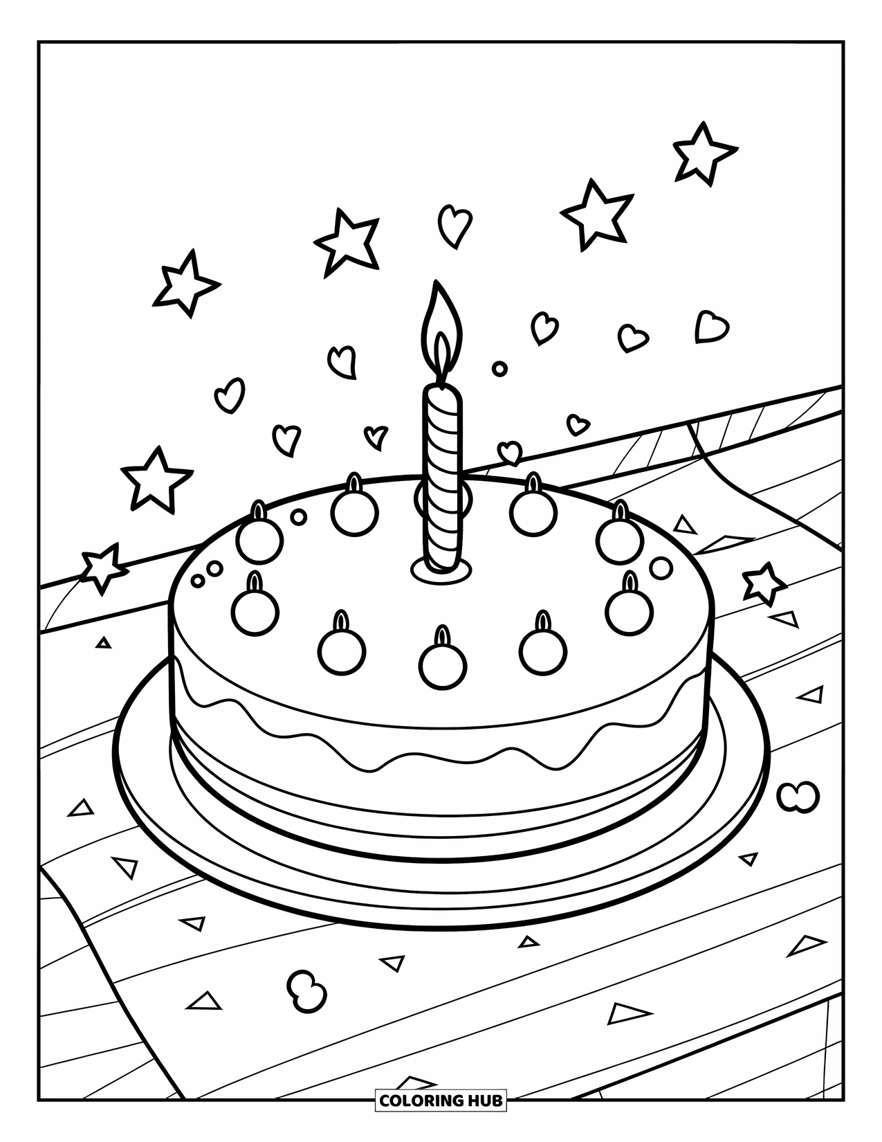 Fiesta Coloring Page for Kids: Cake with a candle and heart-shaped confetti scattered nearby