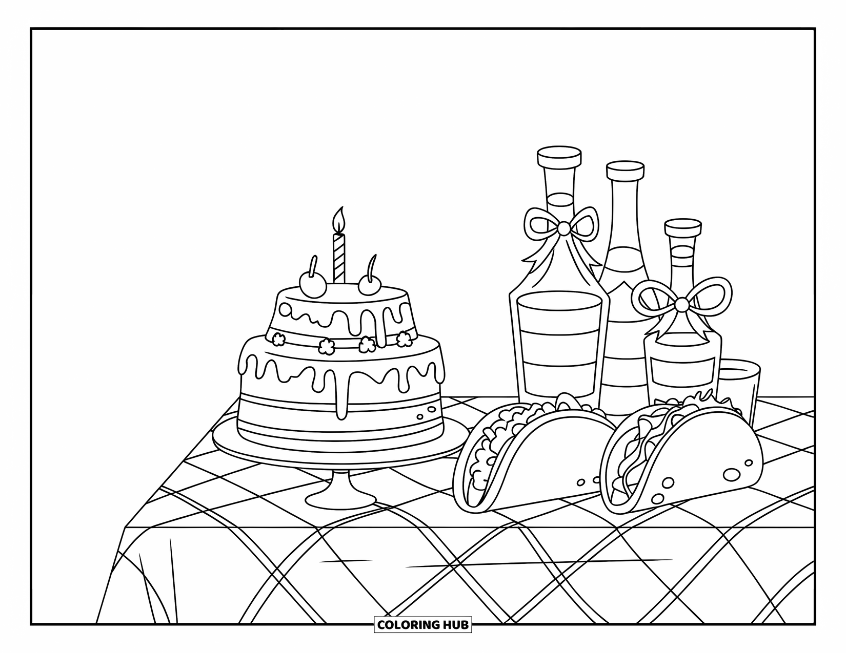 Fiesta Coloring Page for Kids: Cake with a cherry, tacos, and ribbon-tied drinks arranged neatly on a wooden table