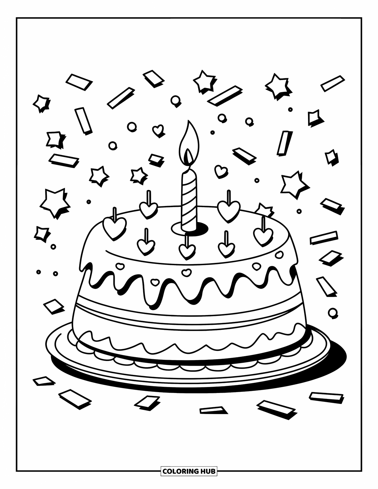 Fiesta Coloring Page for Kids: Cake with stars, hearts, and a single candle glowing on top