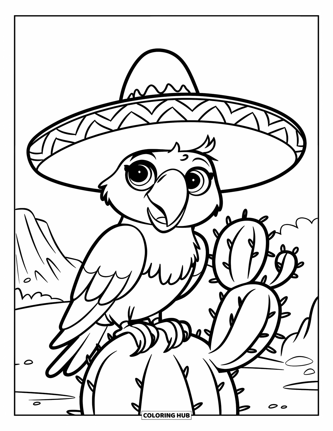 Fiesta Coloring Page for Kids: Cheerful parrot perches on a cactus in a quiet desert scene