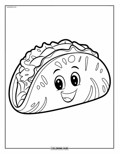 Desen de colorat cu fiesta pentru copii: Taco vesel cu salată, brânză și smântână într-o lipie moale