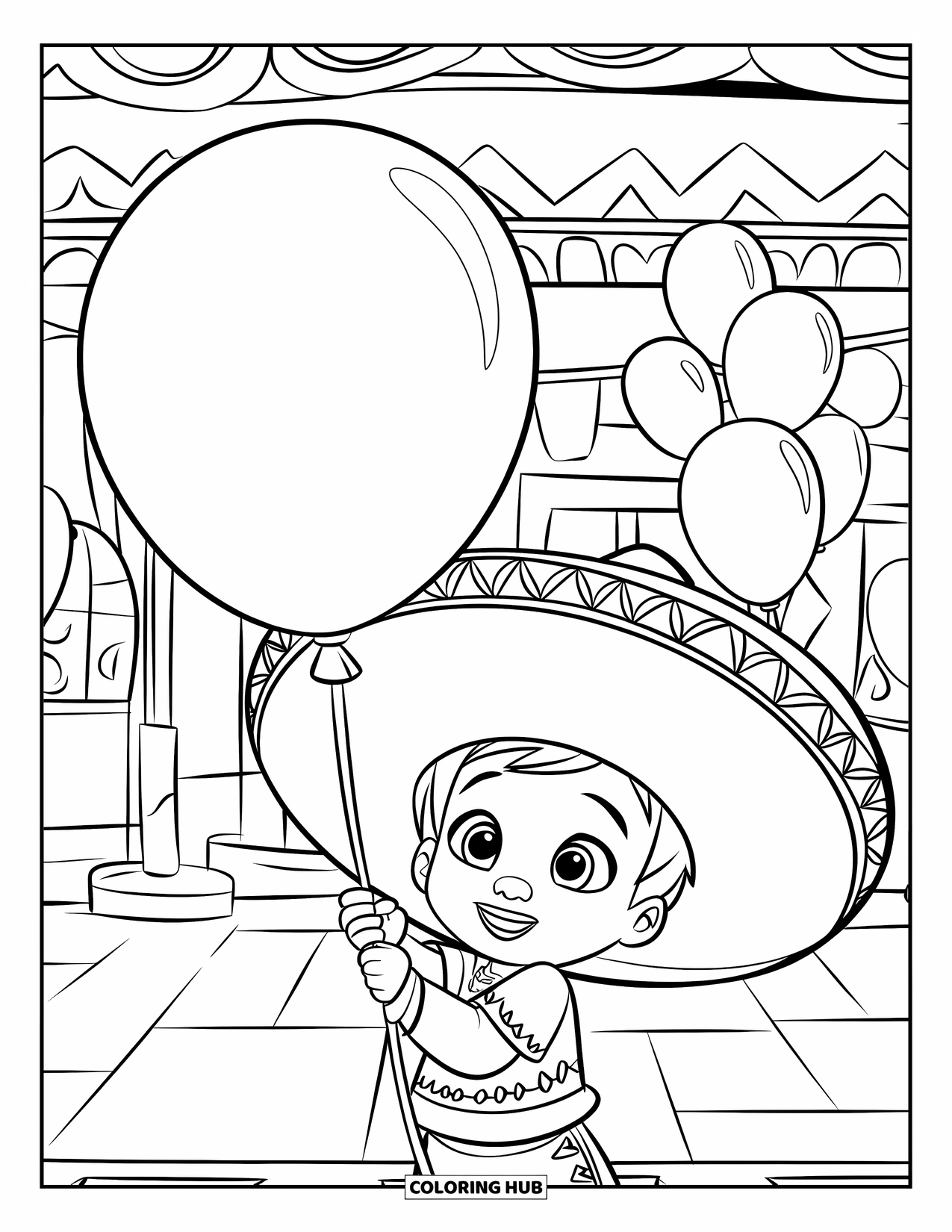 Fiesta Coloring Page for Kids: Child in a festive outfit holds a balloon at a colorful celebration