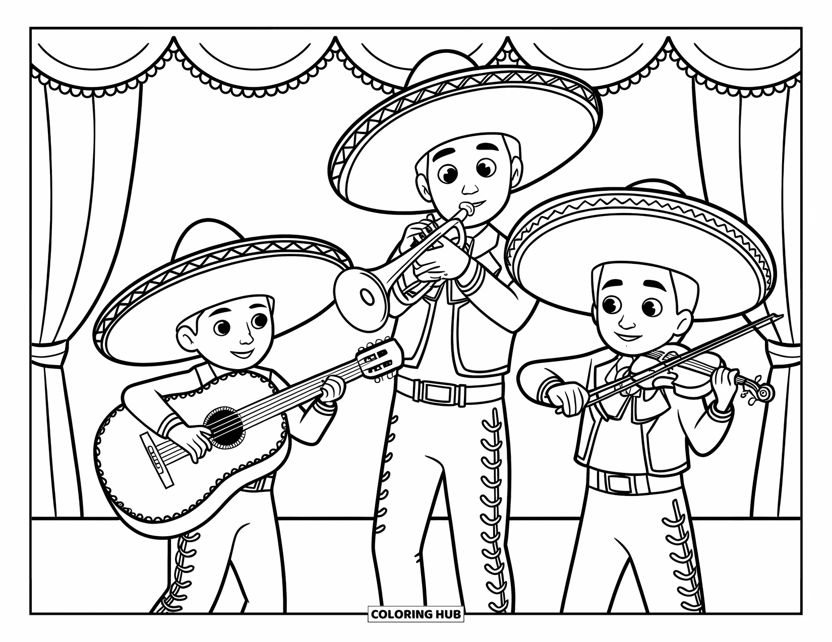 Fiesta Coloring Page for Kids: Children in mariachi outfits play instruments on stage with a curtain behind them