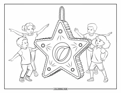 Desen de colorat cu fiesta pentru copii: Copii se rotesc și râd în jurul unei piñatas în formă de stea cu spațiu de joacă