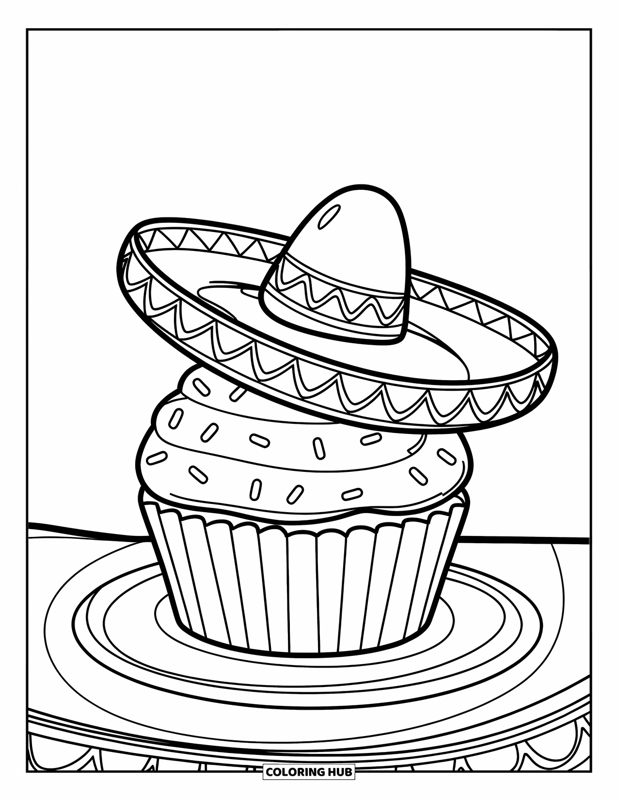Fiesta Coloring Page for Kids: Cupcake wearing a tiny sombrero on a plate with sprinkles on top
