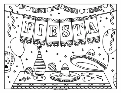 Desen de colorat cu fiesta pentru copii: Banner decorat cu "FIESTA", baloane, panglici, sombrero-uri și un craniu festiv alăturat