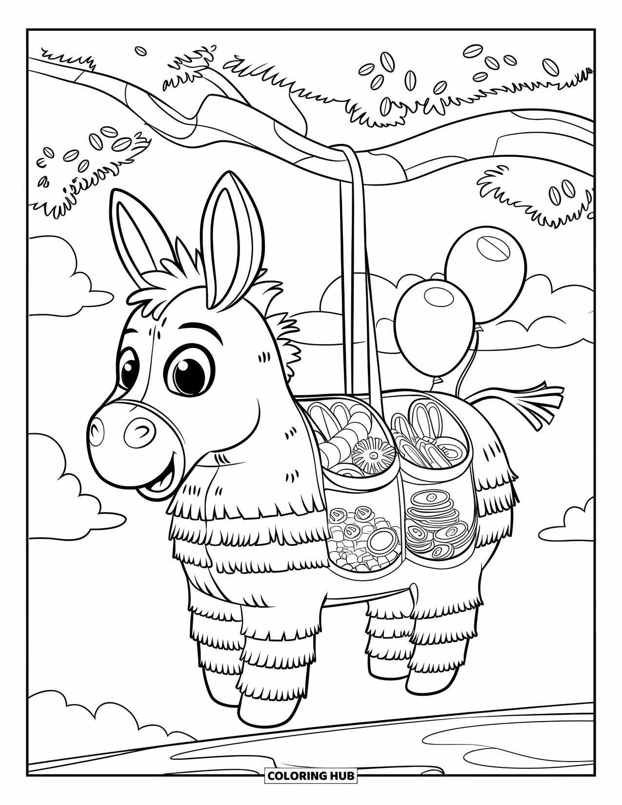 Fiesta Coloring Page for Kids: Donkey piÒata filled with surprises swings from a tree under a sky with clouds