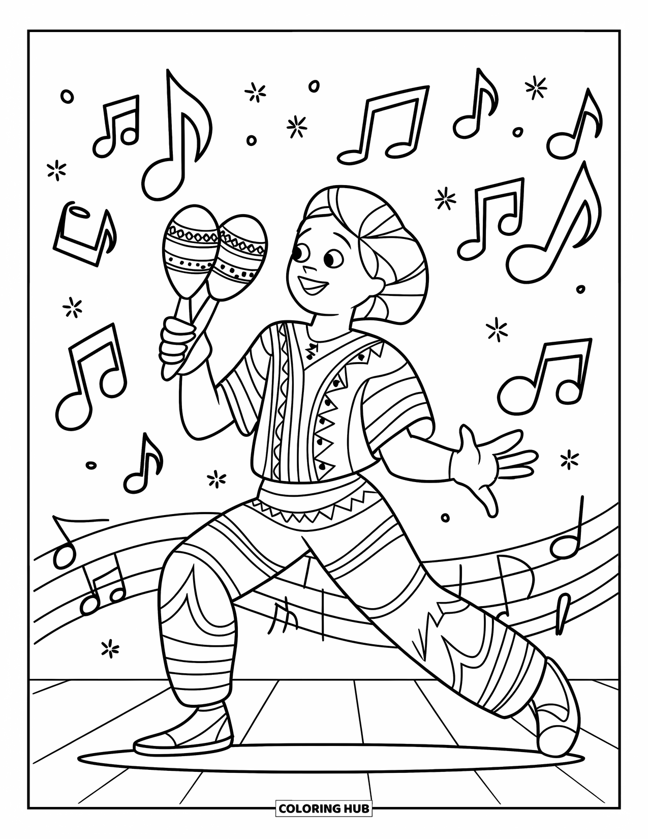 Fiesta Coloring Page for Kids: Energetic maraca performance with patterned outfit and musical notes floating nearby