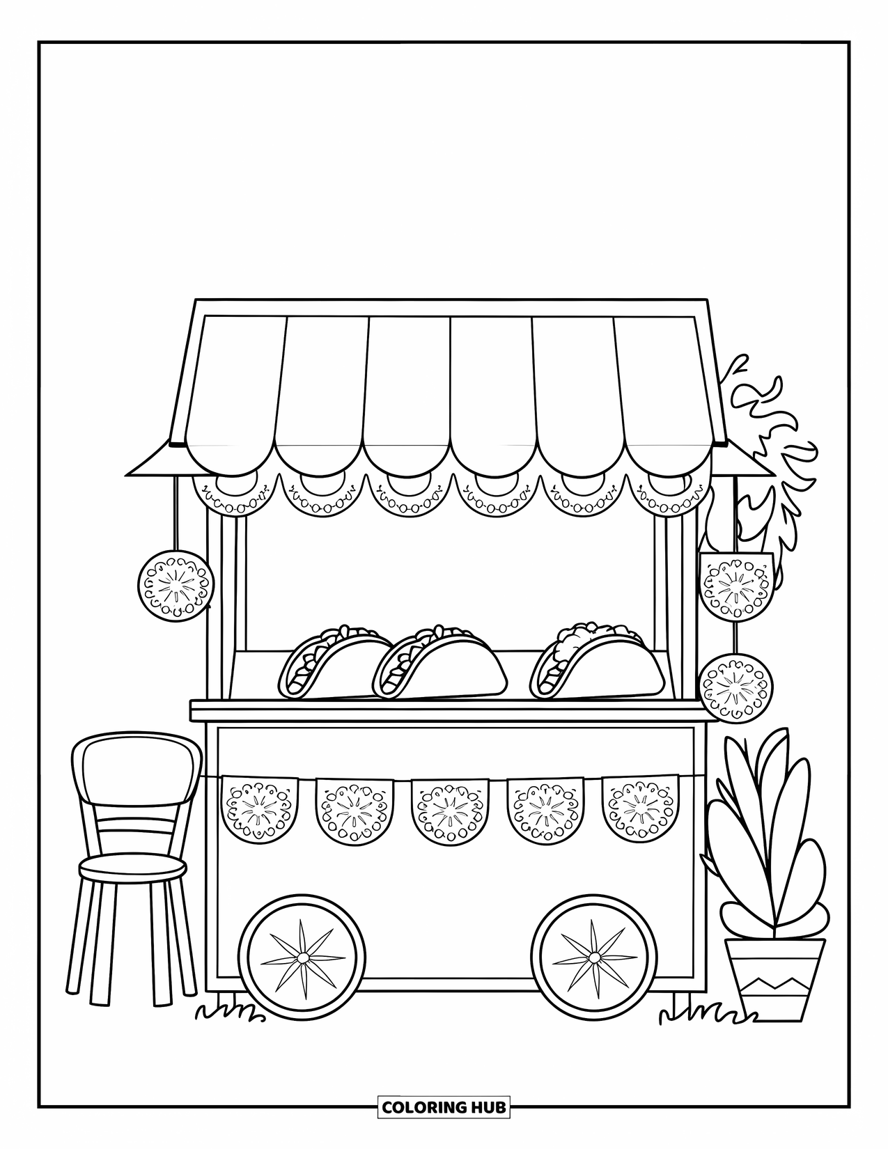 Fiesta Coloring Page for Kids: Festive taco stand with papel picado, streamers, and a nearby chair