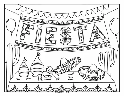 Desen de colorat cu fiesta pentru copii: Banner cu "FIESTA" deasupra unei mese cu piñatas, maracas, baloane și un cactus