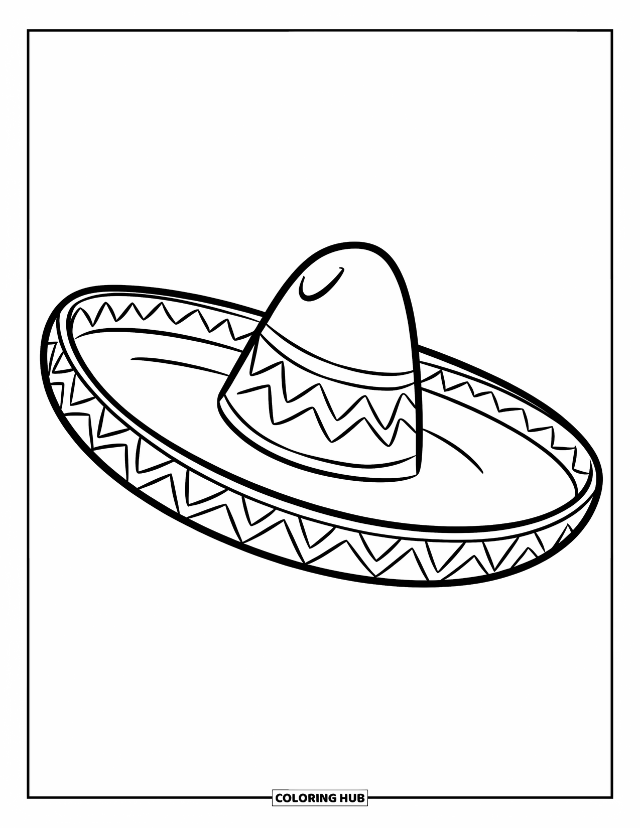 Fiesta Coloring Page for Kids: Friendly sombrero with a tilted brim and a fun zigzag pattern