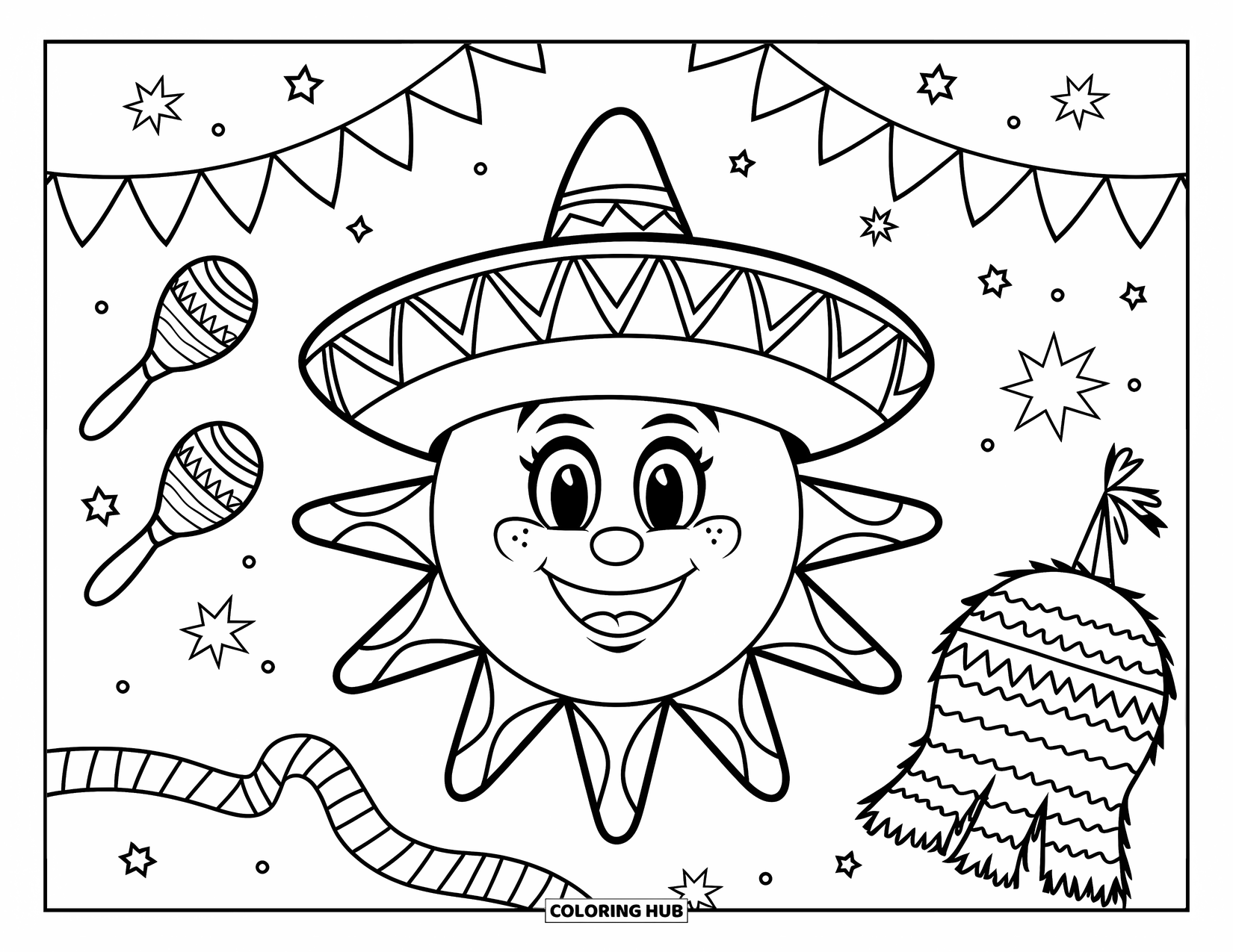 Fiesta Coloring Page for Kids: Friendly sun with fiesta decorations, including maracas, piÒata, and a cheerful banner