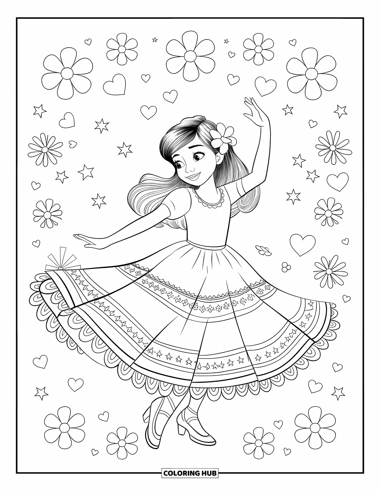 Fiesta Coloring Page for Kids: Girl twirls in a fiesta dress surrounded by flowers, stars, and hearts