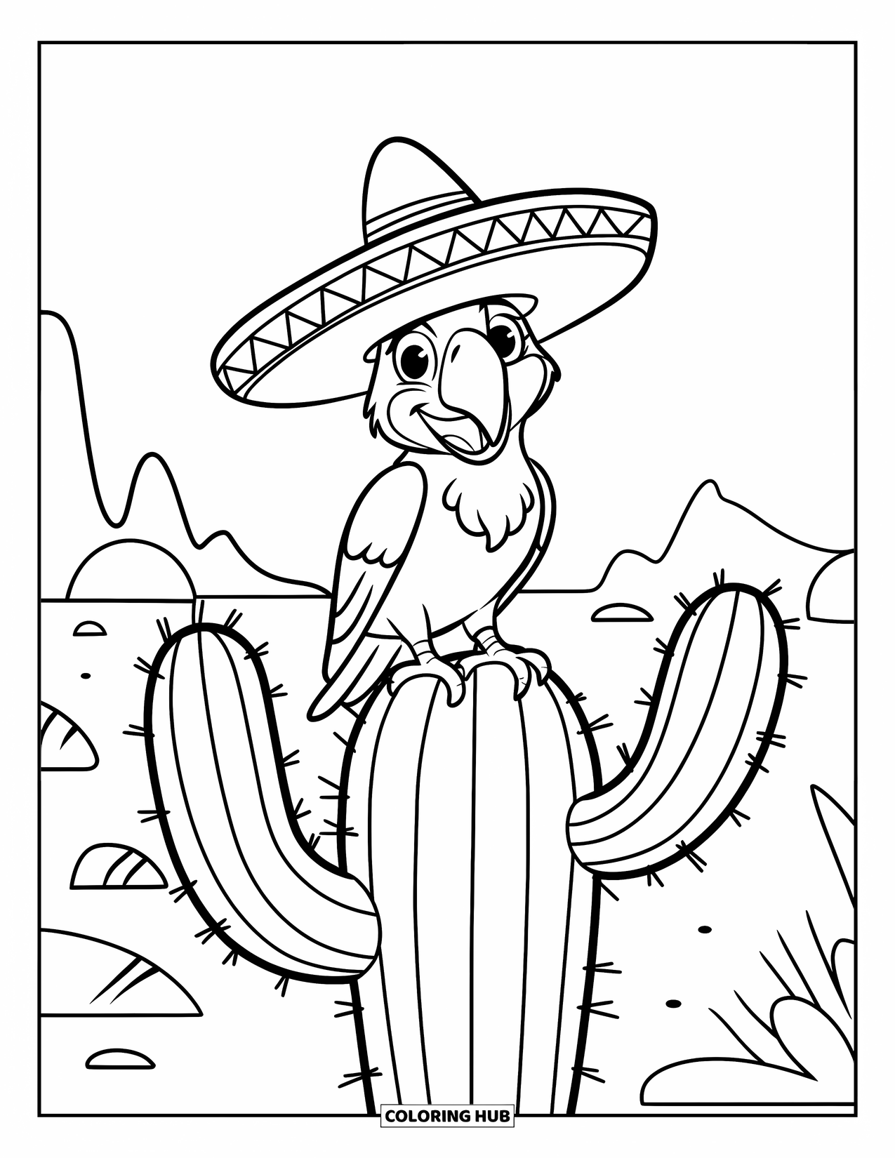 Fiesta Coloring Page for Kids: Happy parrot in a sombrero rests on a cactus with mountains behind
