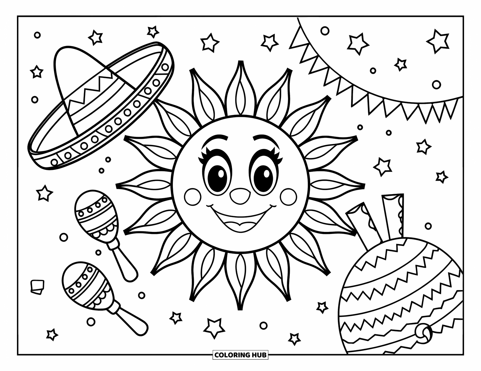 Fiesta Coloring Page for Kids: Happy sun in a sombrero floats among stars, maracas, and a festive piÒata
