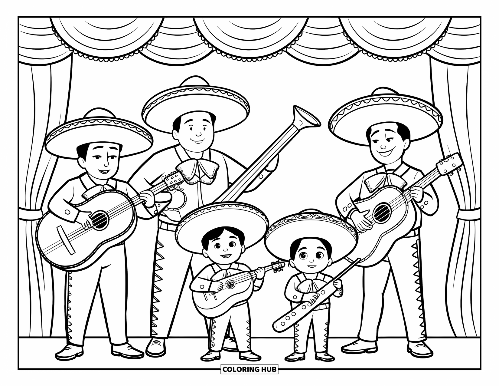 Fiesta Coloring Page for Kids: Kids in a mariachi band stand in a semi-circle playing music on stage