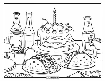Desen de colorat cu fiesta pentru copii: Tort stratificat, taco-uri și băuturi pe o masă decorată cu detalii festive