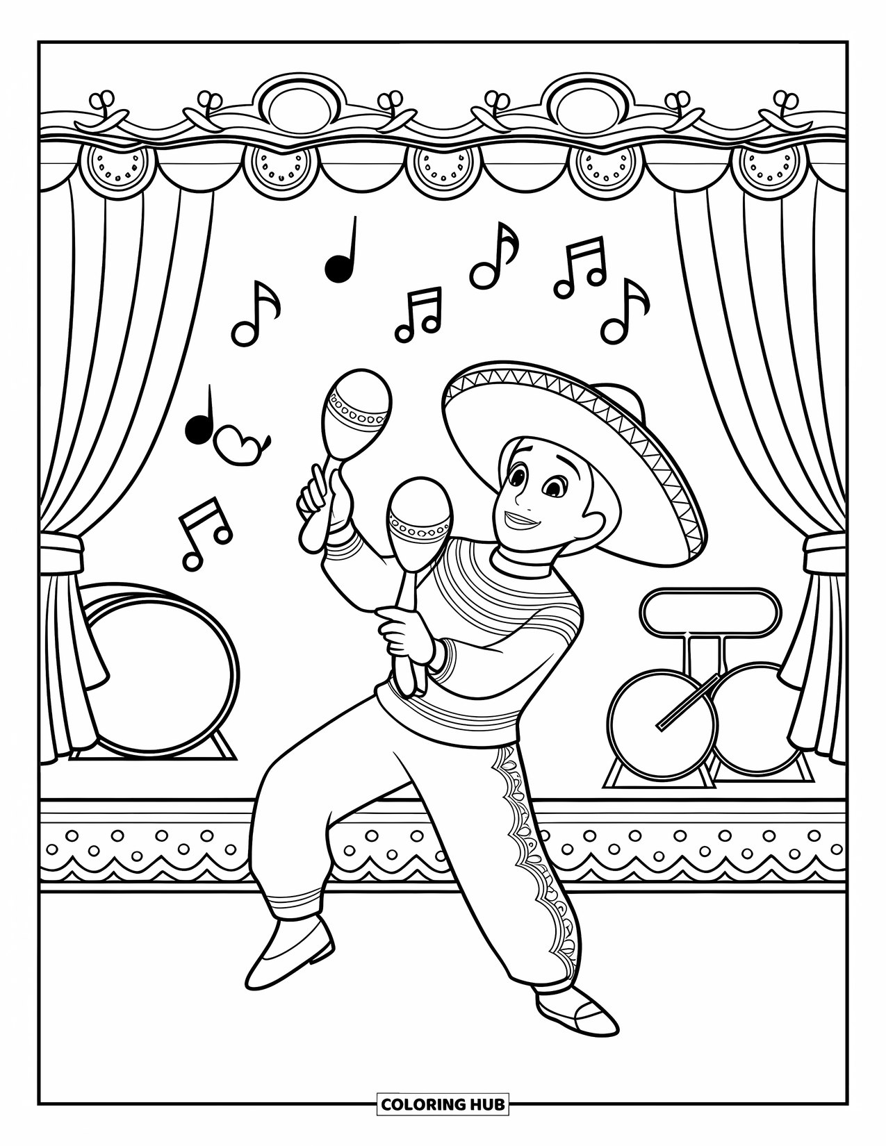 Fiesta Coloring Page for Kids: Maraca player performs on stage with instruments and a curtain behind them