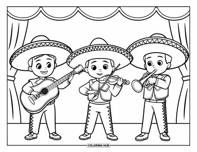 Desen de colorat cu fiesta pentru copii: Trio de copii mariachi cântă la chitară, trompetă și vioară pe scenă