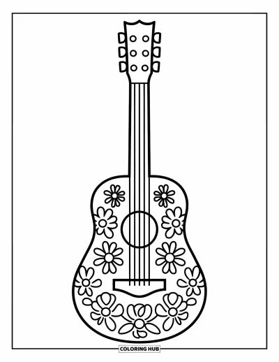 Desen de colorat cu fiesta pentru copii: Design de chitară jucăuș cu flori pe tot corpul instrumentului