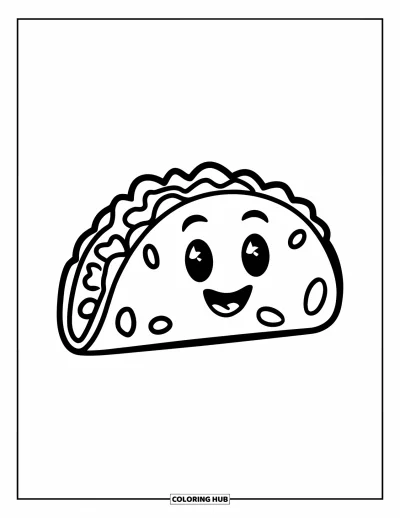 Desen de colorat cu fiesta pentru copii: Taco zâmbitor umplut cu fasole și brânză, odihnit fericit