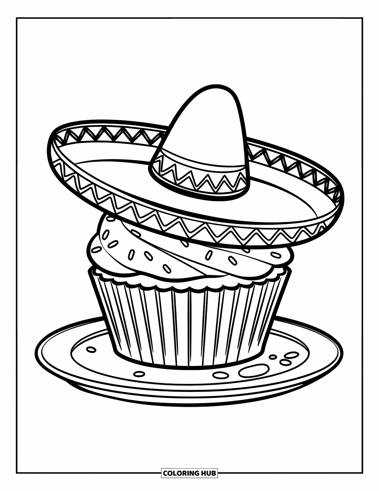Fiesta Coloring Page for Kids: Sombrero-topped cupcake with sprinkles and crumbs resting on a plate