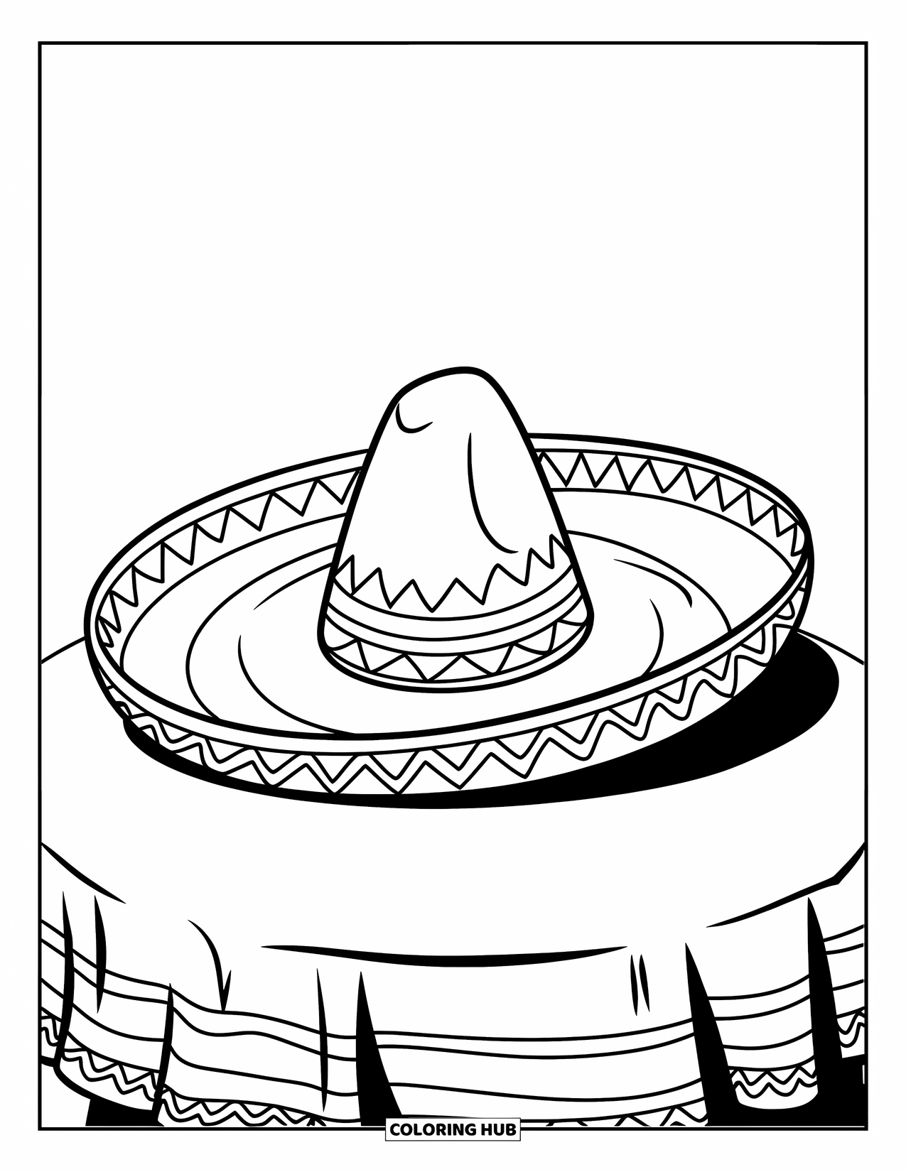 Fiesta Coloring Page for Kids: Sombrero with a zigzag pattern rests on a tabletop in a cozy scene
