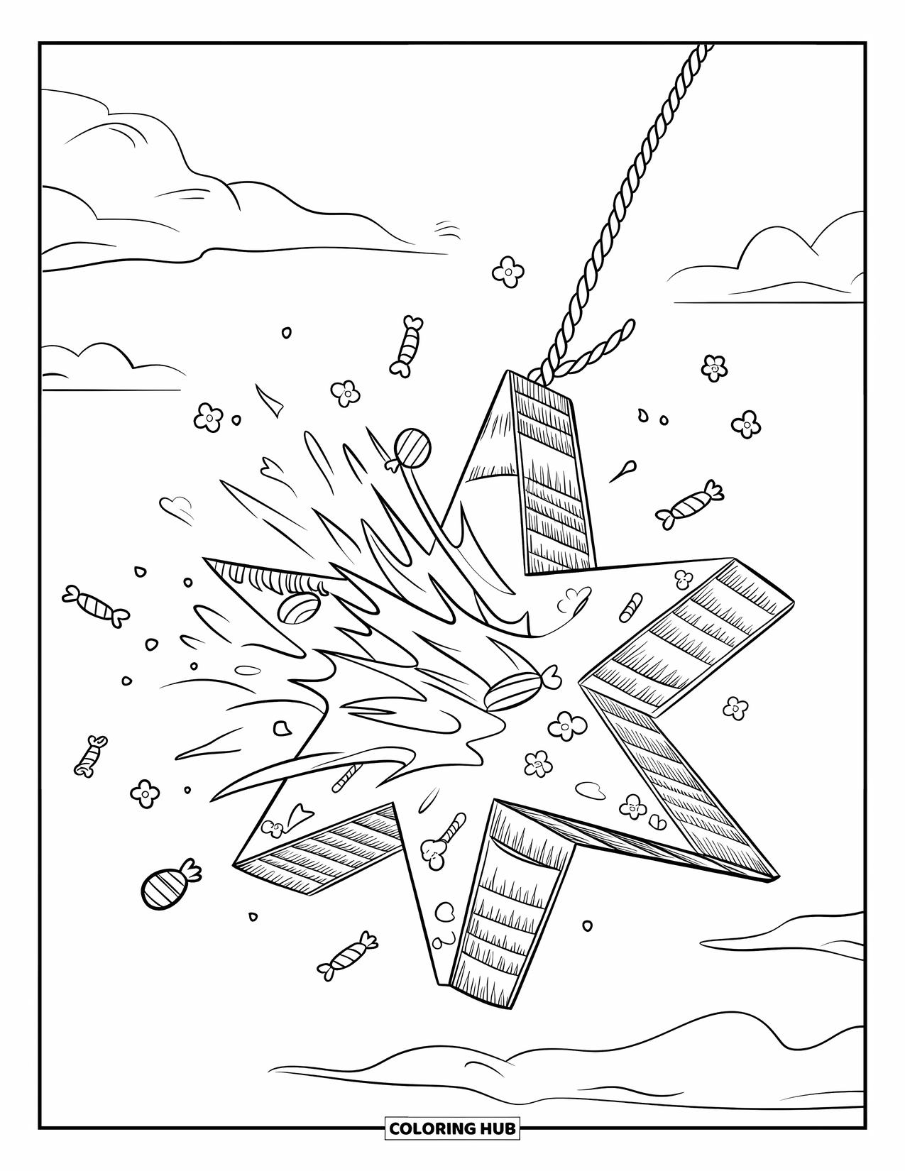 Fiesta Coloring Page for Kids: Star-shaped piÒata bursts mid-air with candy flying under a clear sky
