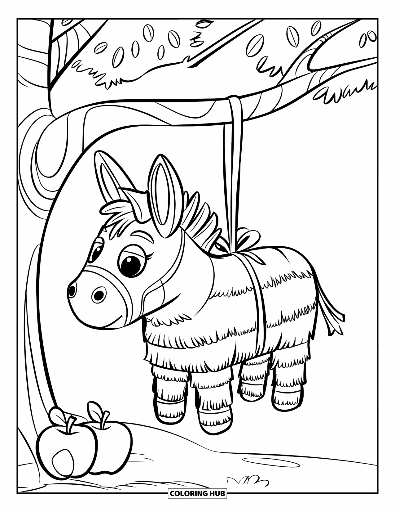 Fiesta Coloring Page for Kids: Striped donkey piÒata hangs from a tree with apples on the ground