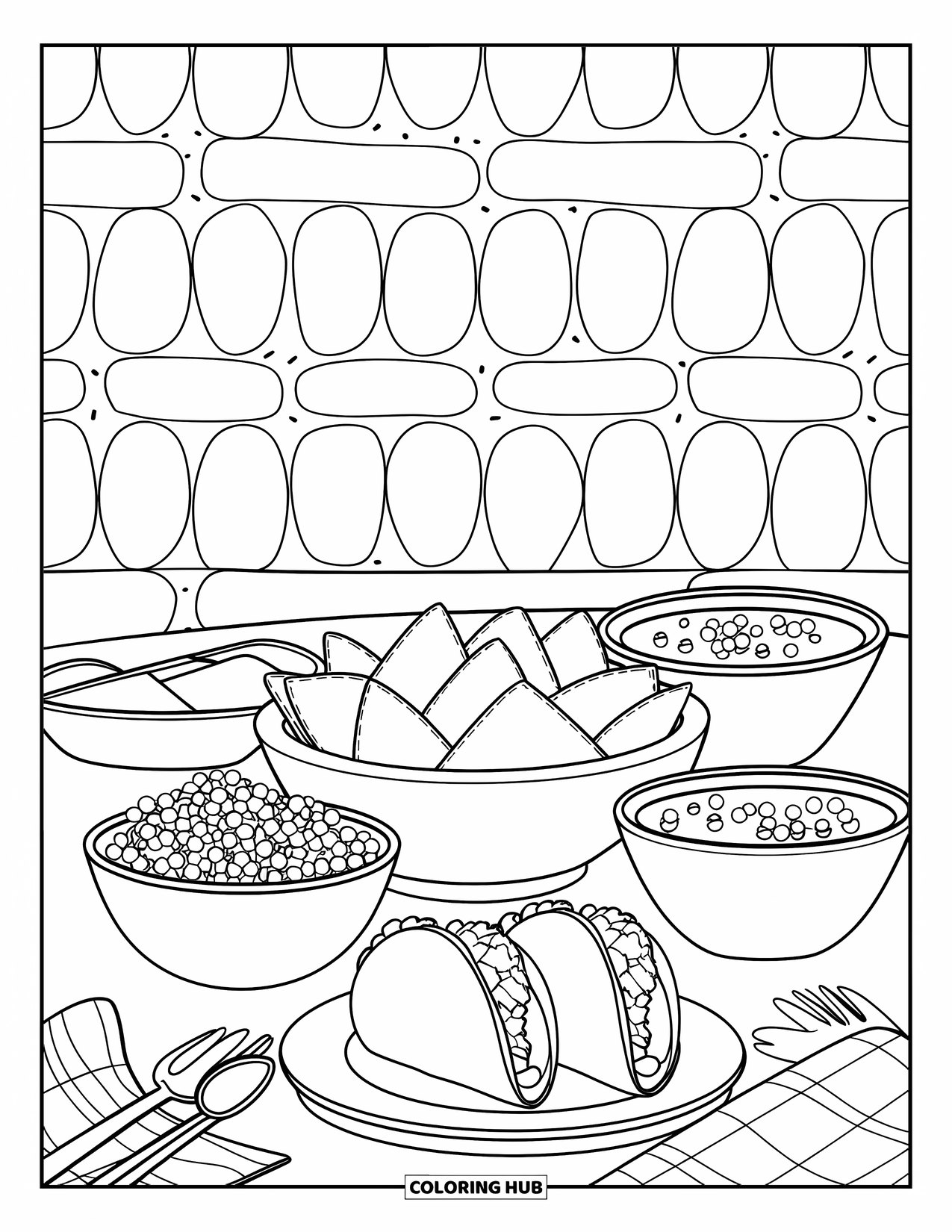 Fiesta Coloring Page for Kids: Table set with chips, tacos, salsa, and utensils under a wall with round patterns