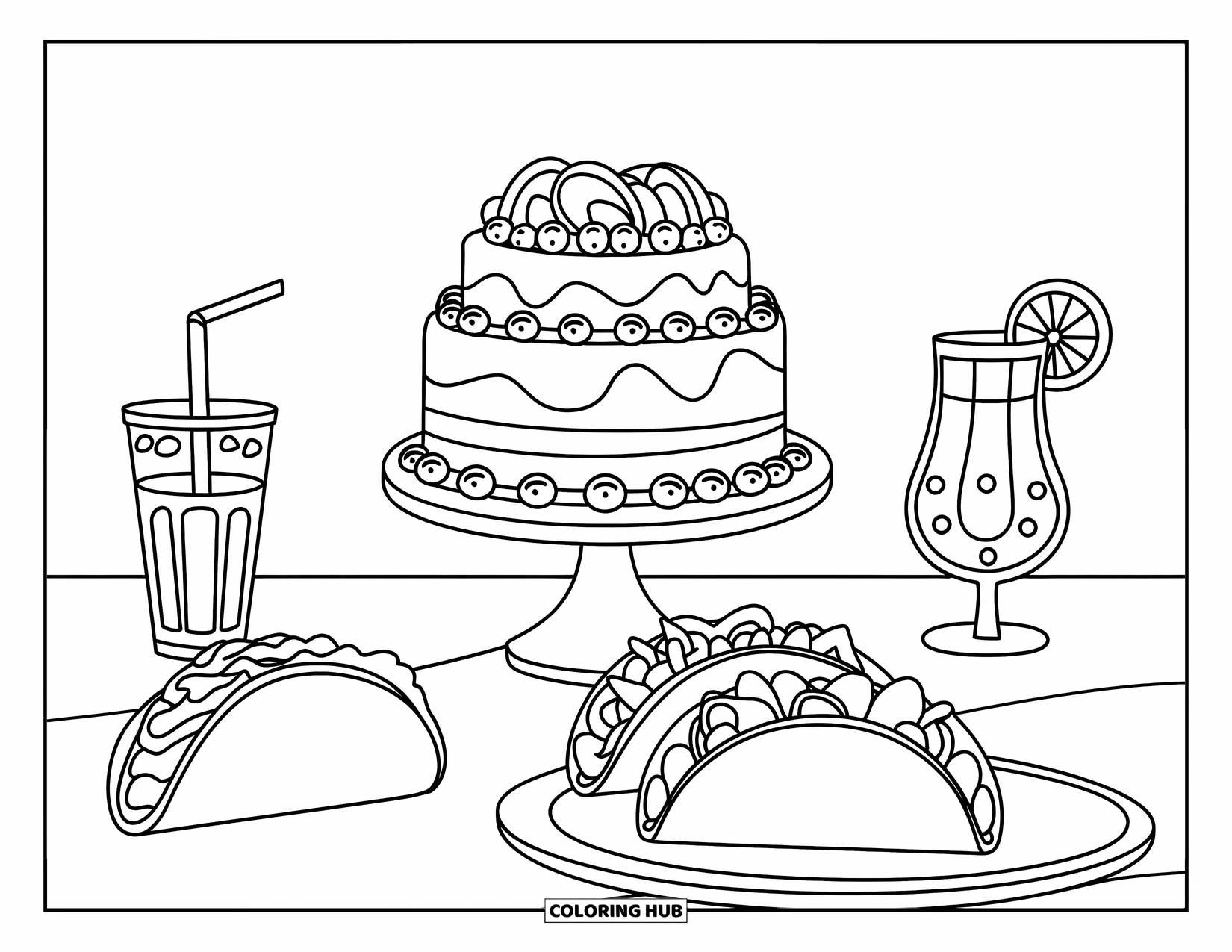Fiesta Coloring Page for Kids: Table with layered cake, tacos, and festive drinks ready for a fun celebration