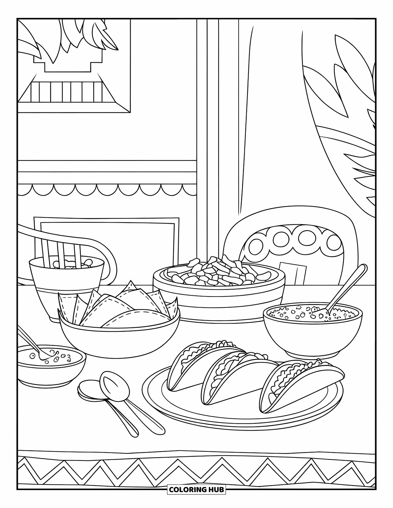 Fiesta Coloring Page for Kids: Table with tacos, chips, salsa, and utensils ready for a tasty meal