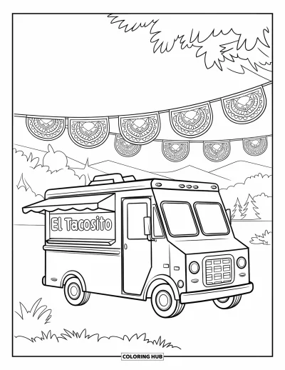 Desen de colorat cu fiesta pentru copii: Food truck de taco parcat sub papel picado cu munți și copaci în fundal