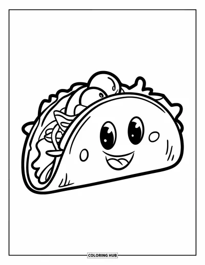 Desen de colorat cu fiesta pentru copii: Taco cu față zâmbitoare și toppinguri în formă de ochi și gură