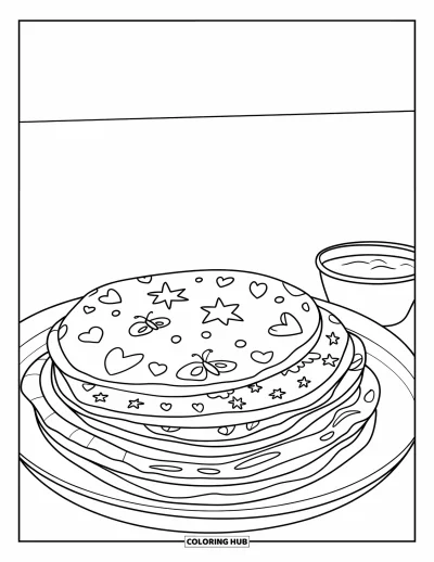 Desen de colorat cu fiesta pentru copii: Tortillas cu flori, stele și fluturi stivuite lângă un mic vas cu sos