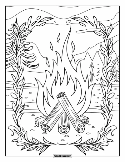 Coloriage de feu pour adultes : Un feu de camp flamboie avec des bordures botaniques tourbillonnantes et un paysage de montagne en arrière-plan