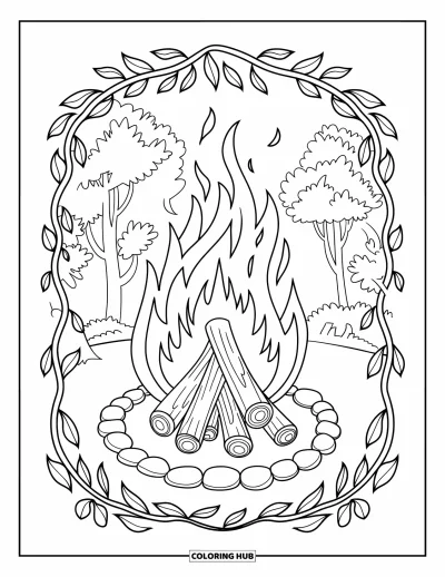 Coloriage de feu pour adultes : Un feu de camp brille au cœur de bordures tourbillonnantes et d'un cercle de pierres parmi les arbres