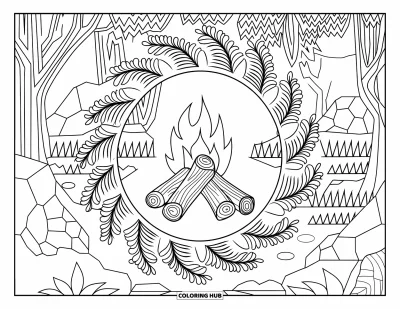 Coloriage de feu pour adultes : Une bûche enflammée brille à l'intérieur de mandalas de fougères dans une forêt paisible aux détails soignés