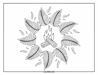 Coloriage de feu pour adultes : Une bûche brûlante est placée au centre de mandalas de fougères sur fond blanc