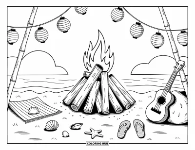 Coloriage de feu pour adultes : Un feu de camp douillet éclaire un sable doux près de tongs, de coquillages et de lanternes en papier
